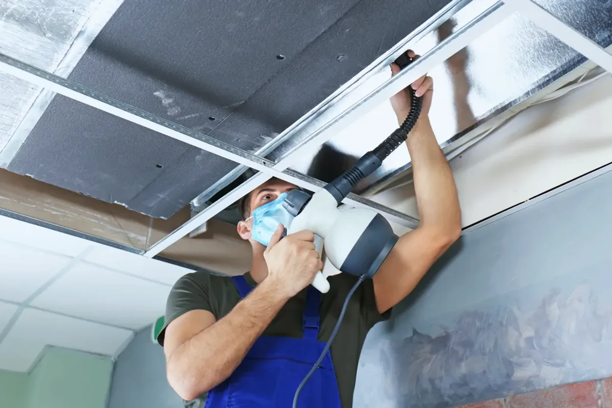 Worker in a mask cleaning a ceiling air duct with a handheld tool