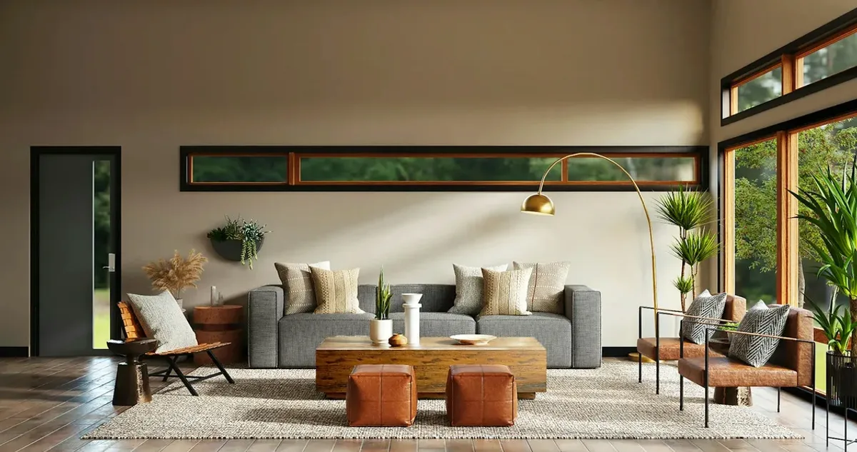 Bright living room with a grey sofa and large windows